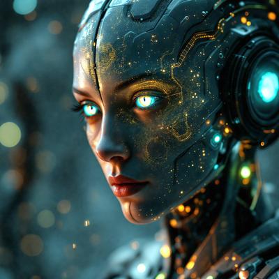 The primary subject of the image is a futuristic robot with a human-like face. The robot has a glowing, neon-like appearance, which gives it a unique and captivating look. The setting is a dark, futuristic environment, which complements the robot's design. The visual style of the image is a combination of digital art and illustration, creating a striking and imaginative scene. The colors and mood of the image are predominantly dark and mysterious, with the glowing neon elements adding a touch of intrigue and allure.